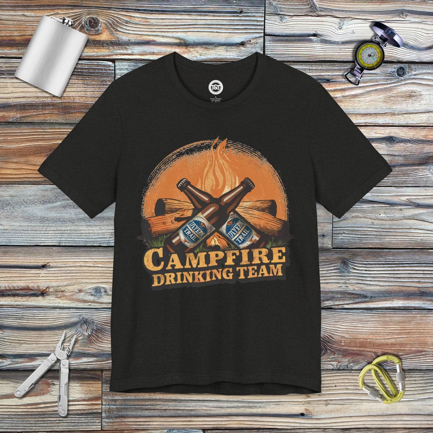 Tavern and Trail T-Shirt Campfire Drinking Team T-Shirt Black Heather / S