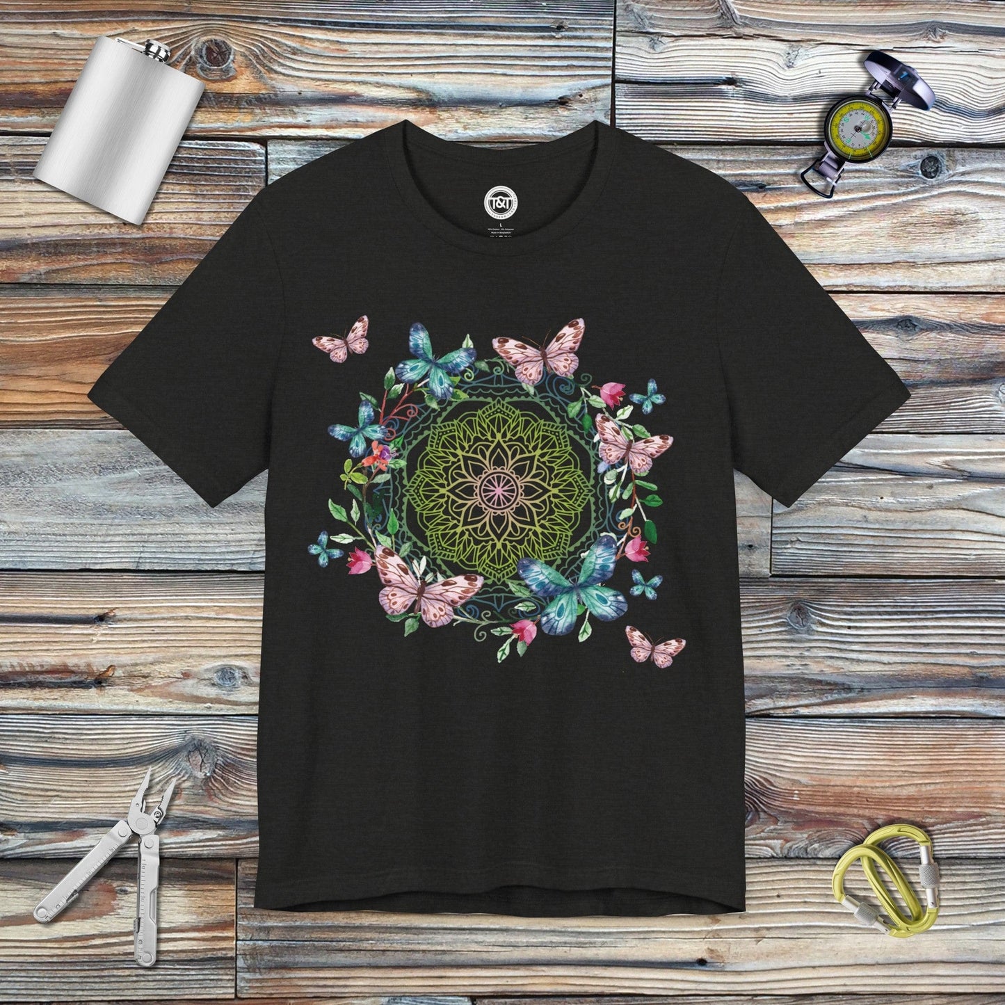 Tavern and Trail T-Shirt Mandala Butterfly Garden T-Shirt Black Heather / S