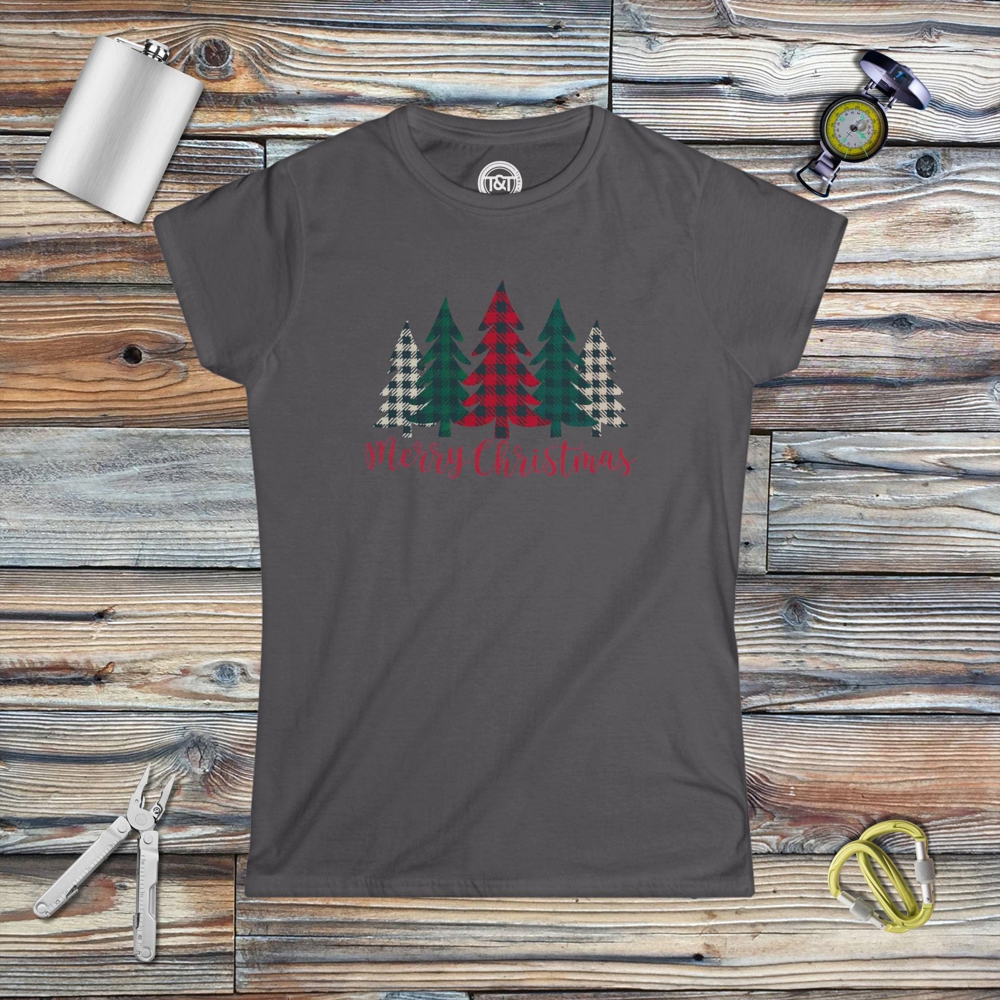 Tavern and Trail T-Shirt Custom: Merry Christmas Trees T-Shirt (Women’s Fit) Charcoal / S