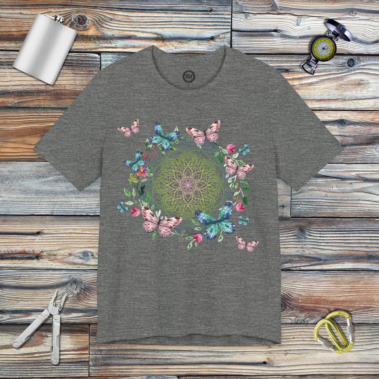 Tavern and Trail T-Shirt Mandala Butterfly Garden T-Shirt Deep Heather / S