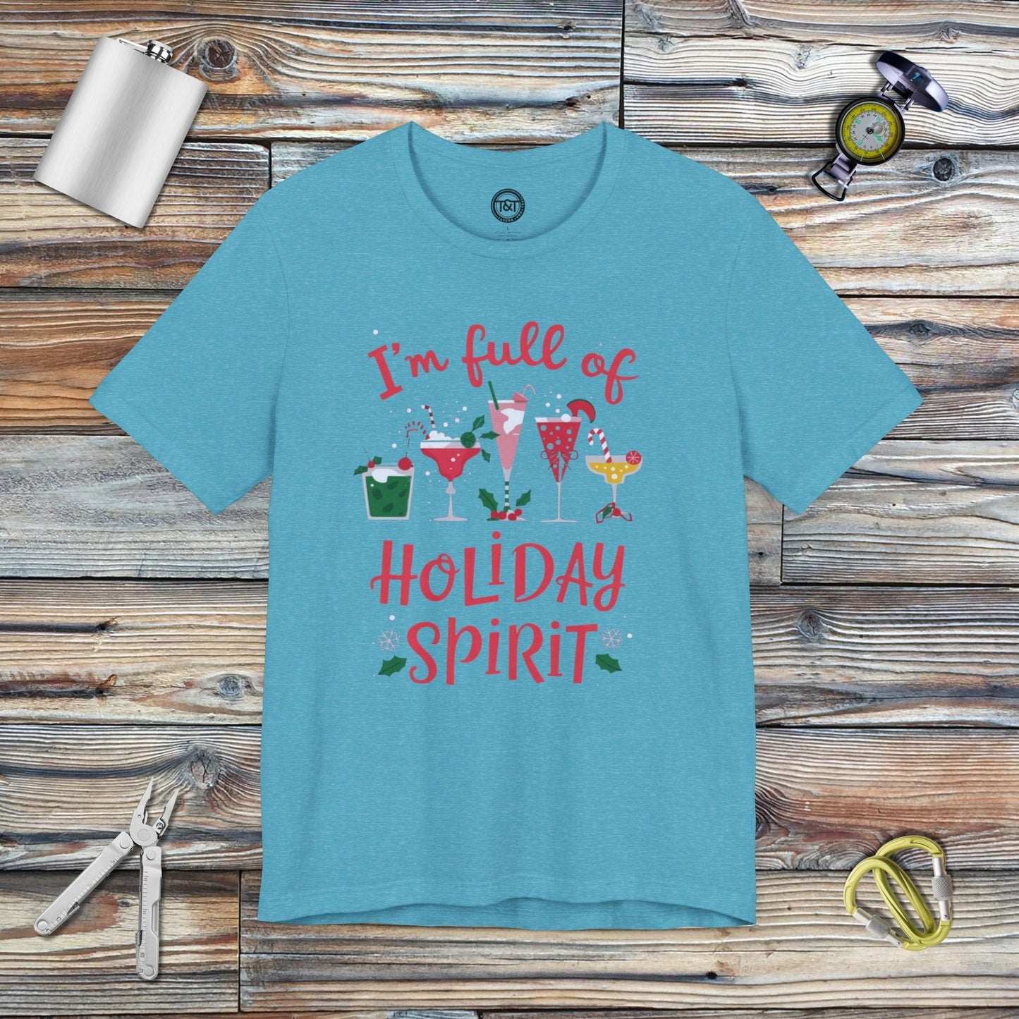 Tavern and Trail T-Shirt Full of Holiday Spirit T-Shirt Heather Aqua / S