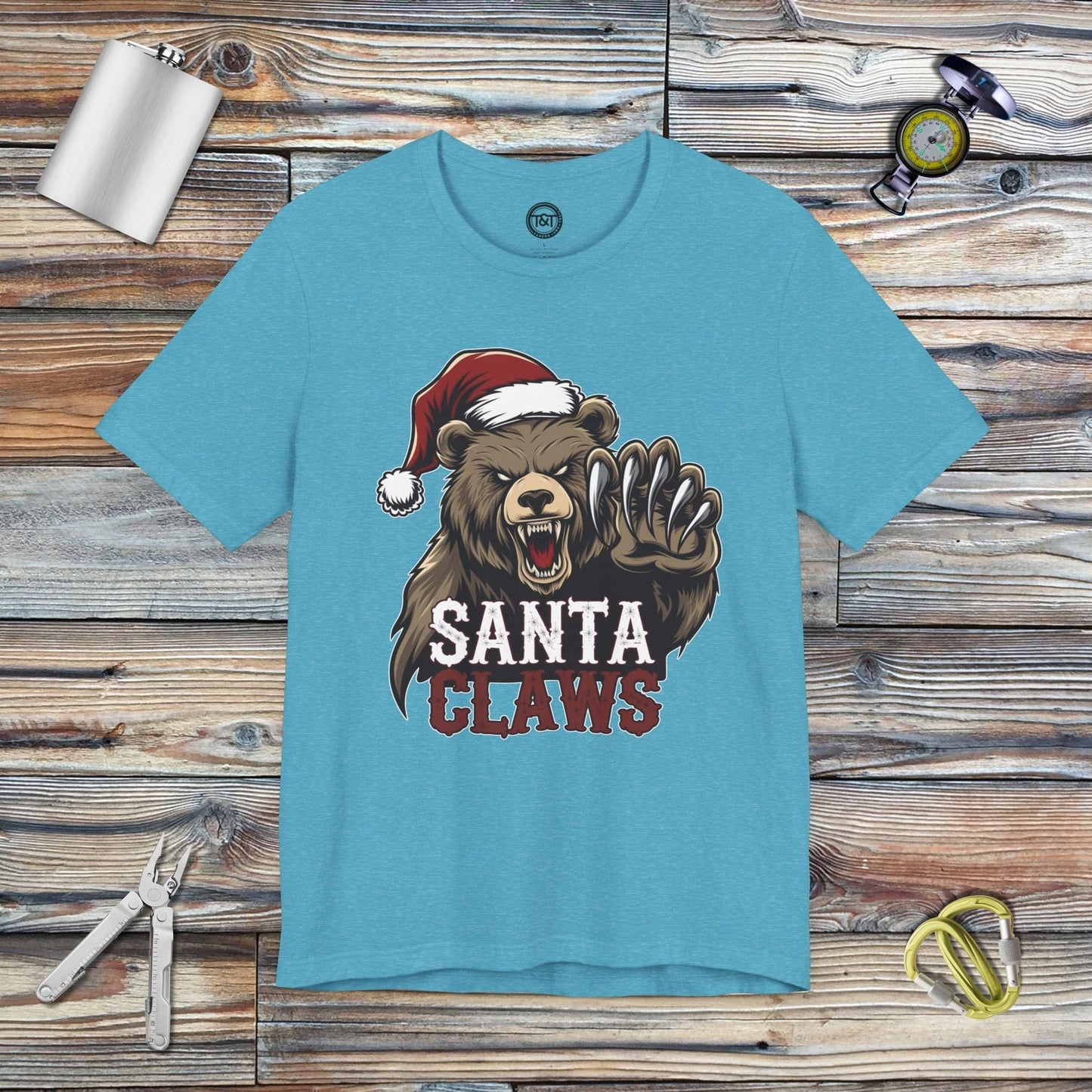 Tavern and Trail T-Shirt Santa Claws T-Shirt Heather Aqua / S