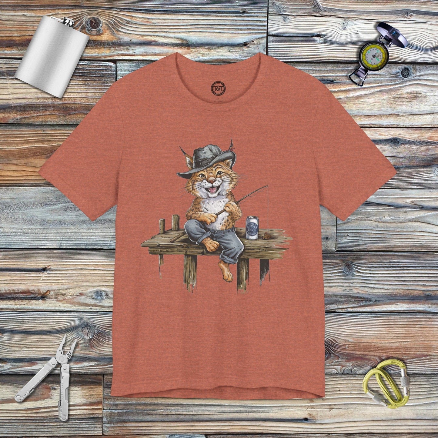 Tavern and Trail T-Shirt Bobcat Fishing T-Shirt Heather Clay / S