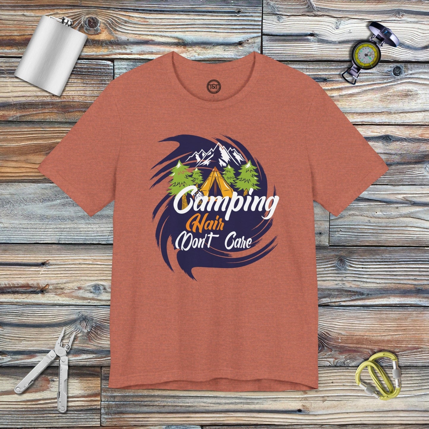 Tavern and Trail T-Shirt Camping Hair Don't Care T-Shirt Heather Clay / S