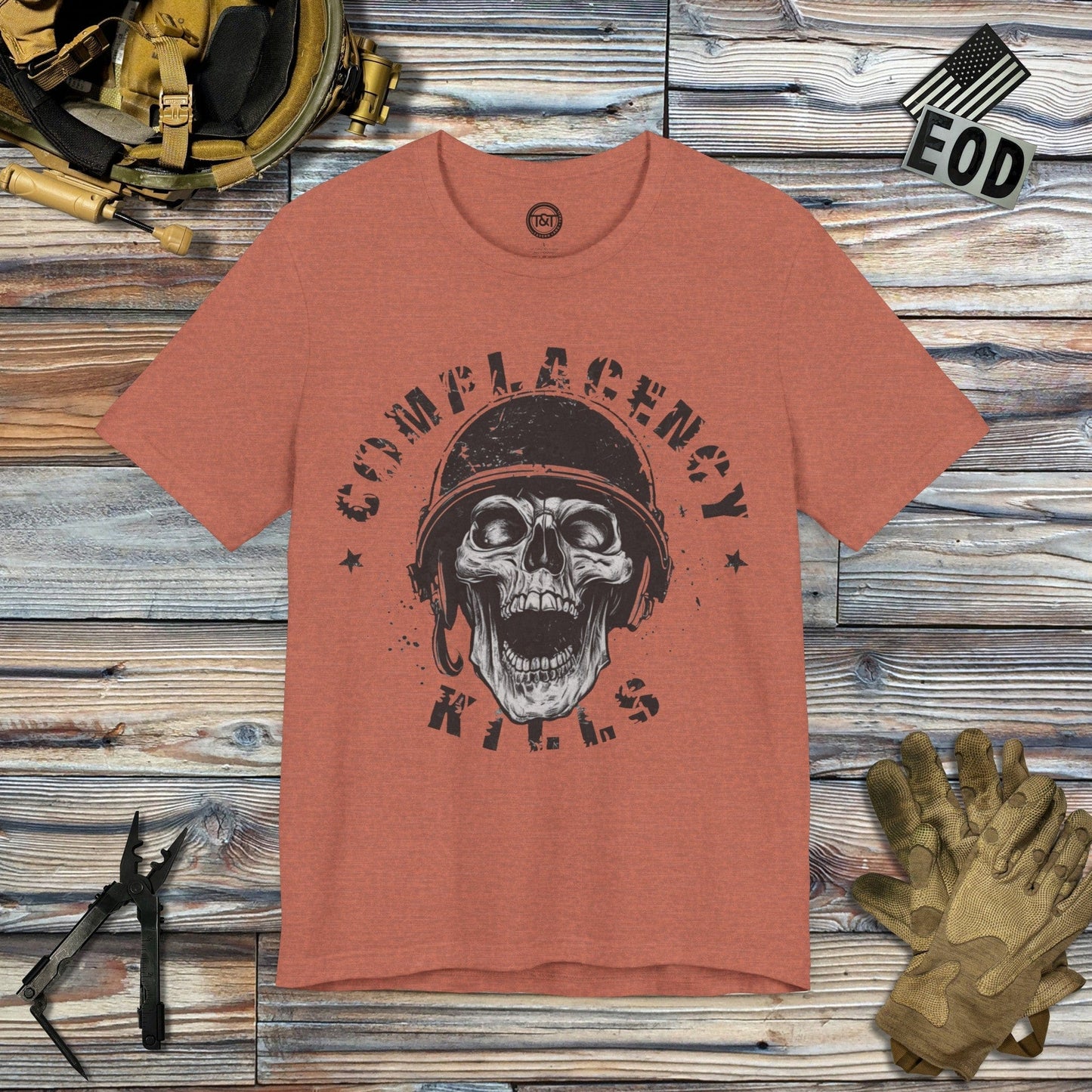 Tavern and Trail T-Shirt Complacency Kills T-Shirt Heather Clay / S