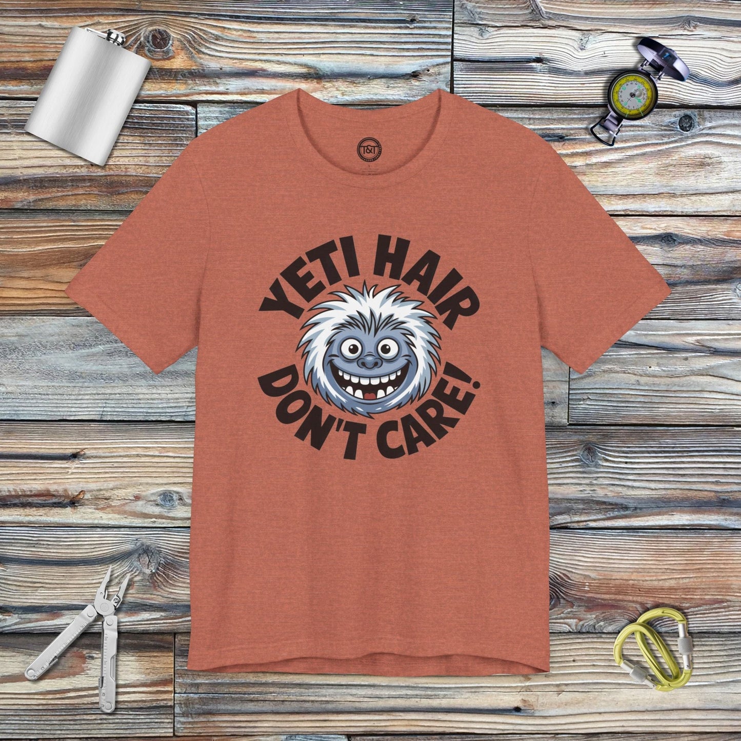 Tavern and Trail T-Shirt Yeti Hair Don't Care T-Shirt Heather Clay / S