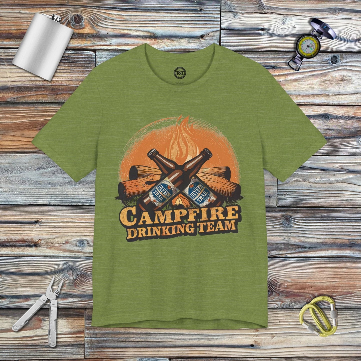 Tavern and Trail T-Shirt Campfire Drinking Team T-Shirt Heather Green / S