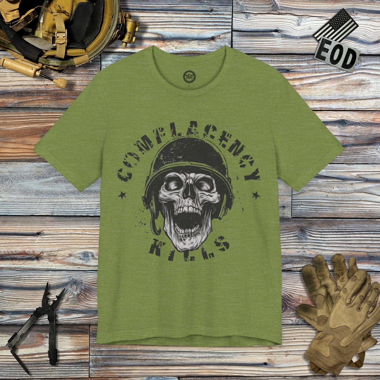 Tavern and Trail T-Shirt Complacency Kills T-Shirt Heather Green / S