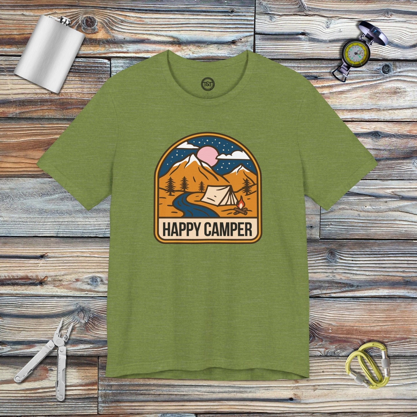 Tavern and Trail T-Shirt Happy Camper T-Shirt Heather Green / S