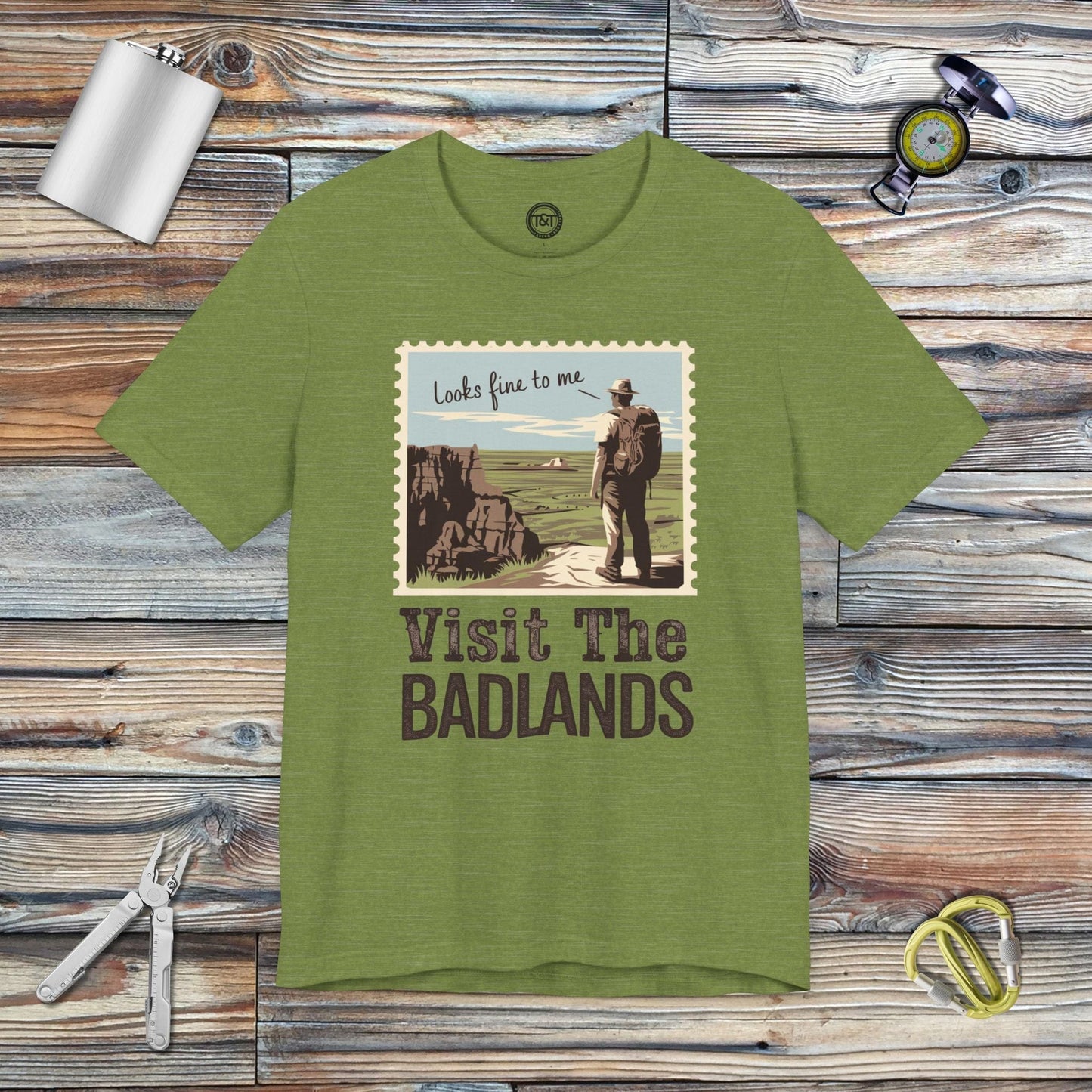 Tavern and Trail T-Shirt Visit the Badlands T-Shirt Heather Green / S