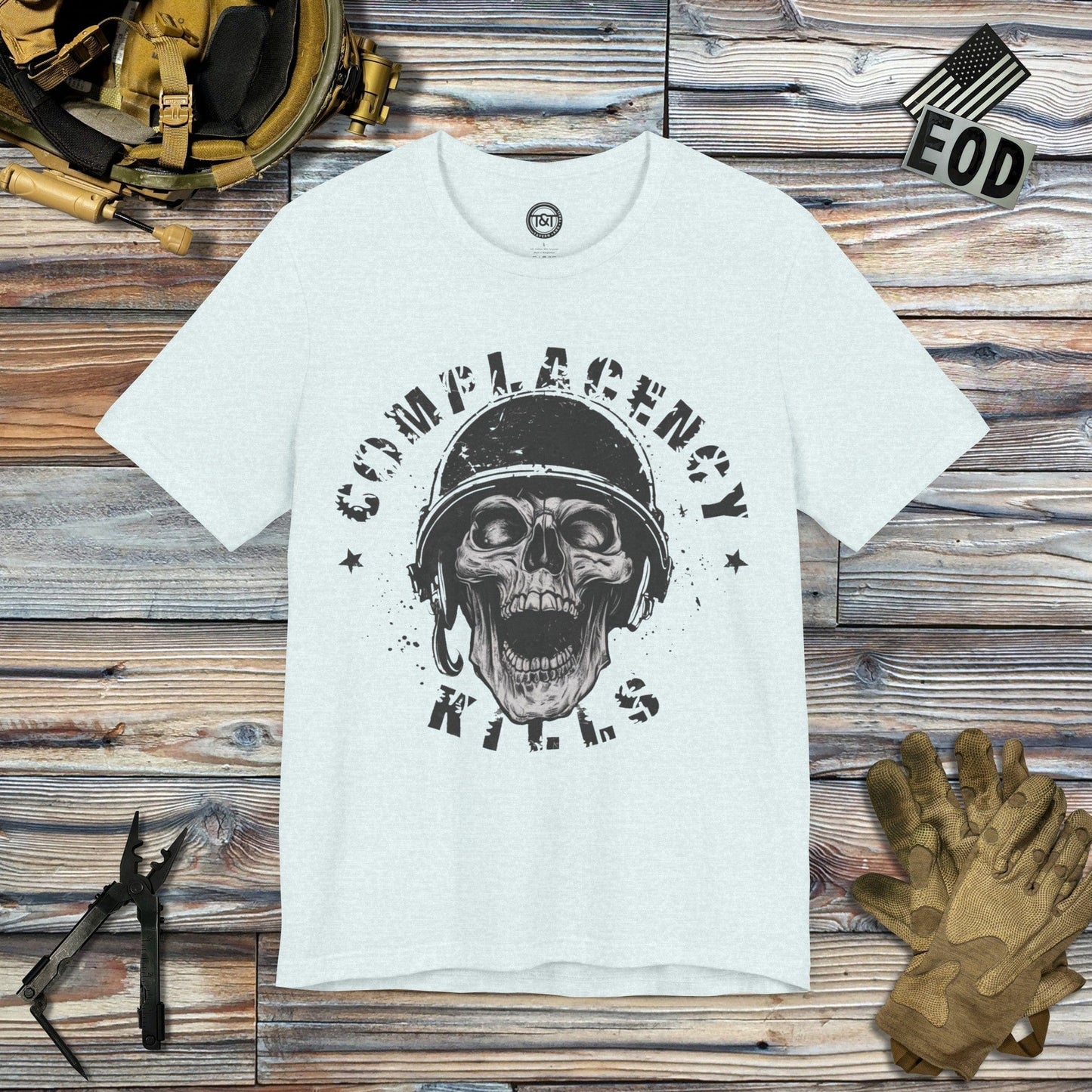 Tavern and Trail T-Shirt Complacency Kills T-Shirt Heather Ice Blue / S