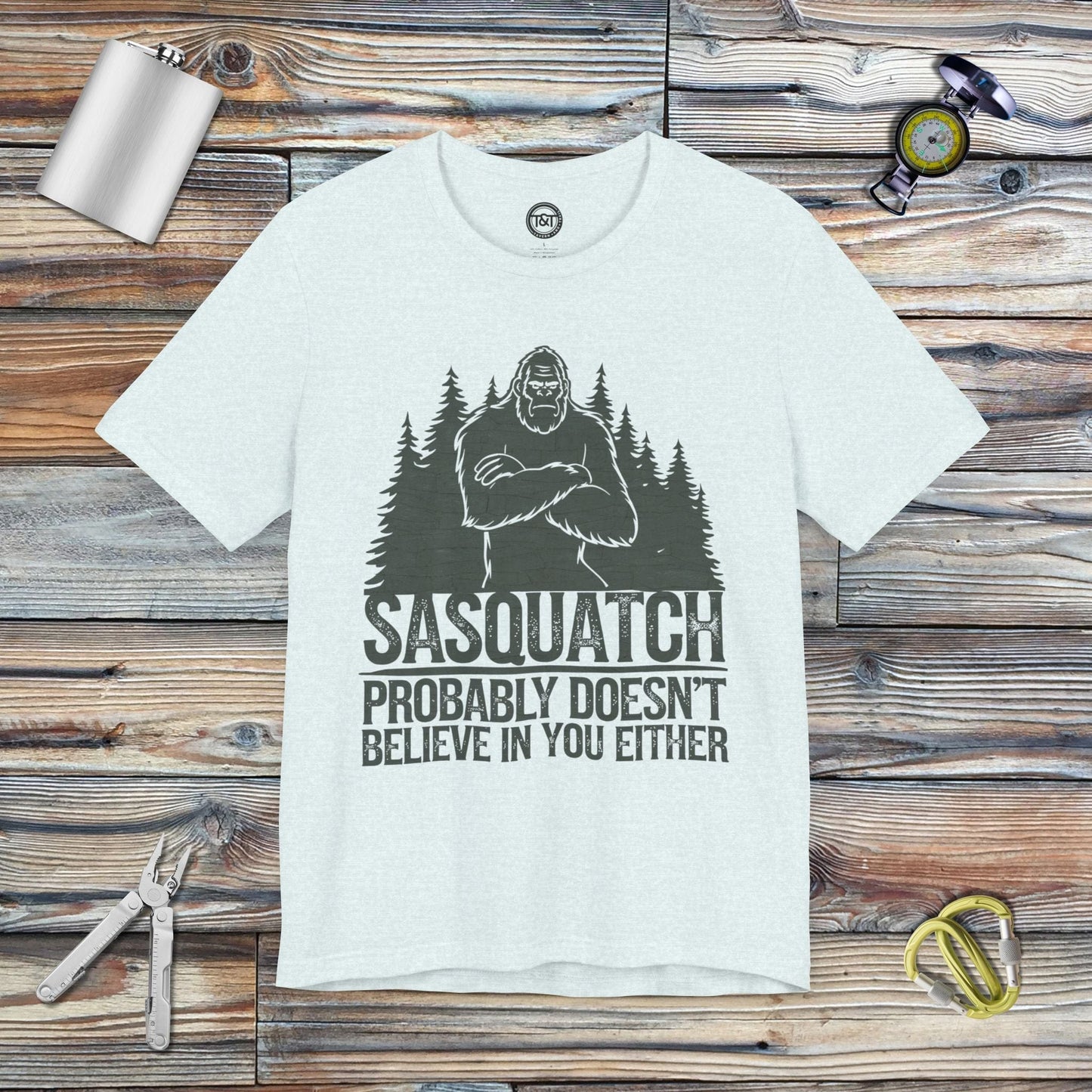 Tavern and Trail T-Shirt Doubting Sasquatch T-Shirt Heather Ice Blue / S