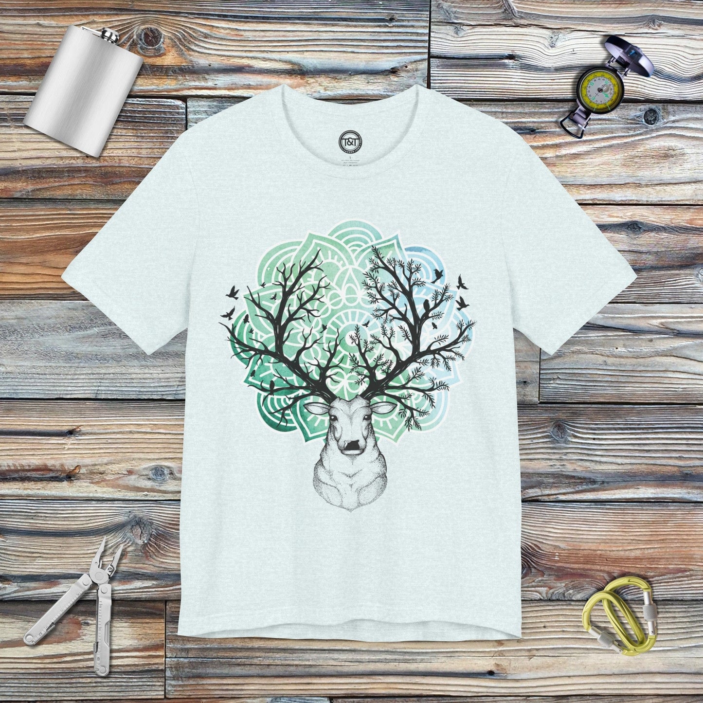 Tavern and Trail T-Shirt Mandala Deer T-Shirt Heather Ice Blue / S