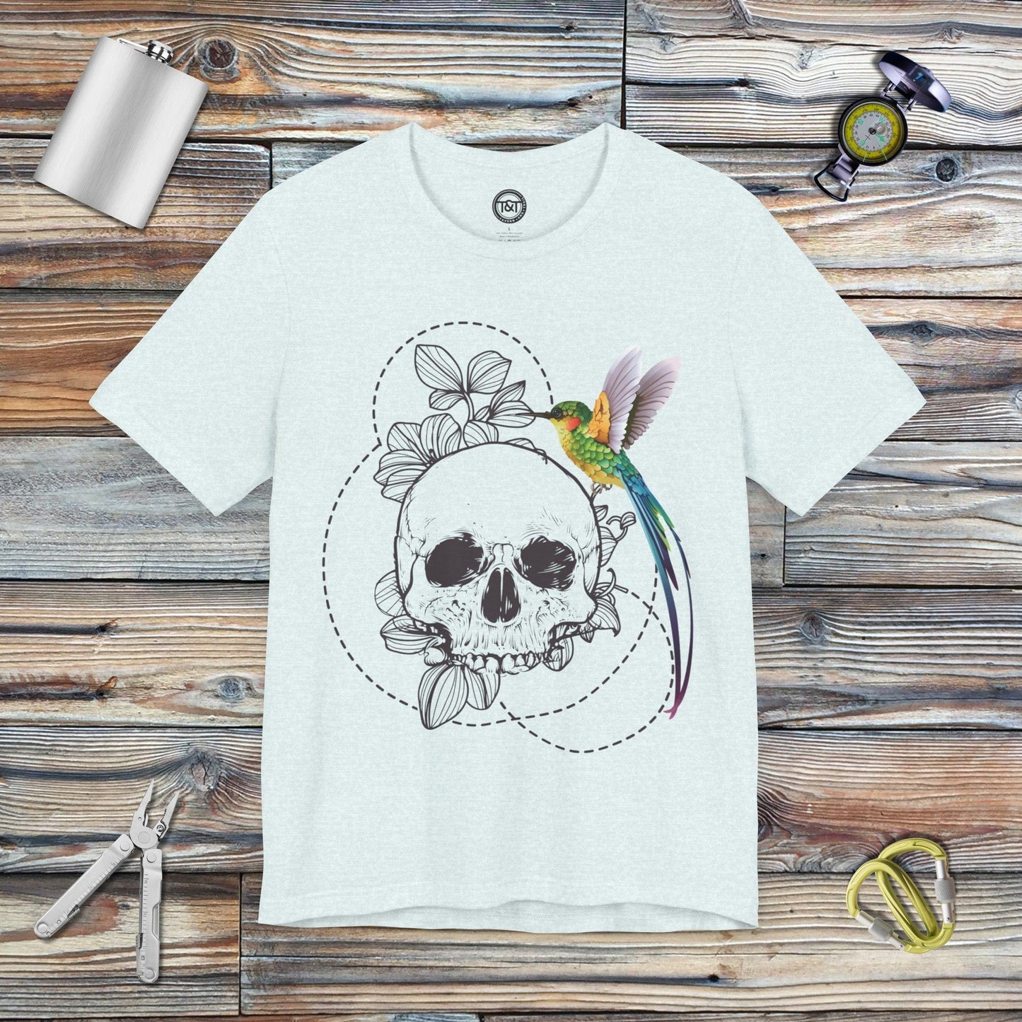 Tavern and Trail T-Shirt Skull and Hummingbird T-Shirt Heather Ice Blue / S