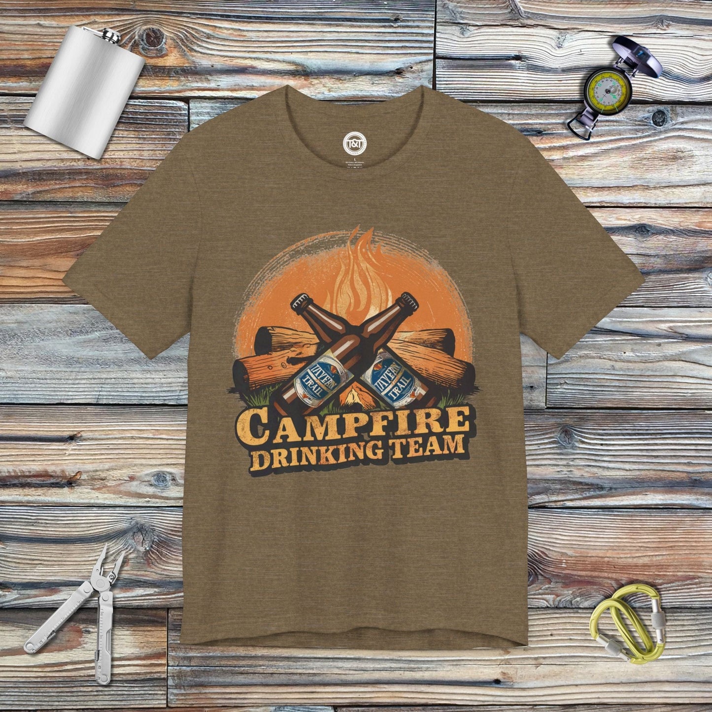 Tavern and Trail T-Shirt Campfire Drinking Team T-Shirt Heather Olive / S