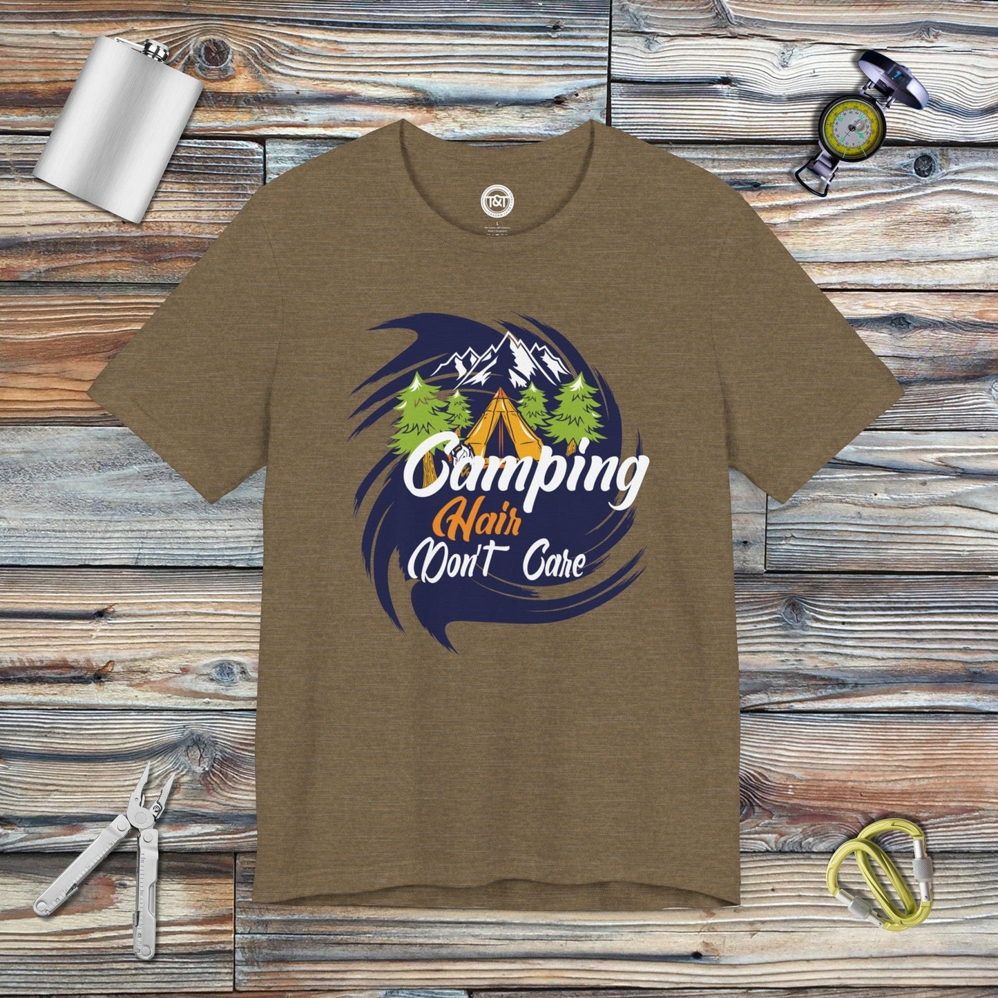 Tavern and Trail T-Shirt Camping Hair Don't Care T-Shirt Heather Olive / S