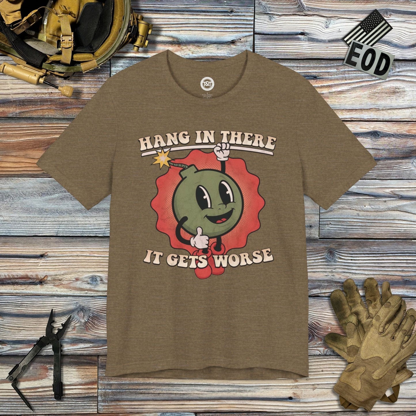 Tavern and Trail T-Shirt Hang In There T-Shirt Heather Olive / S