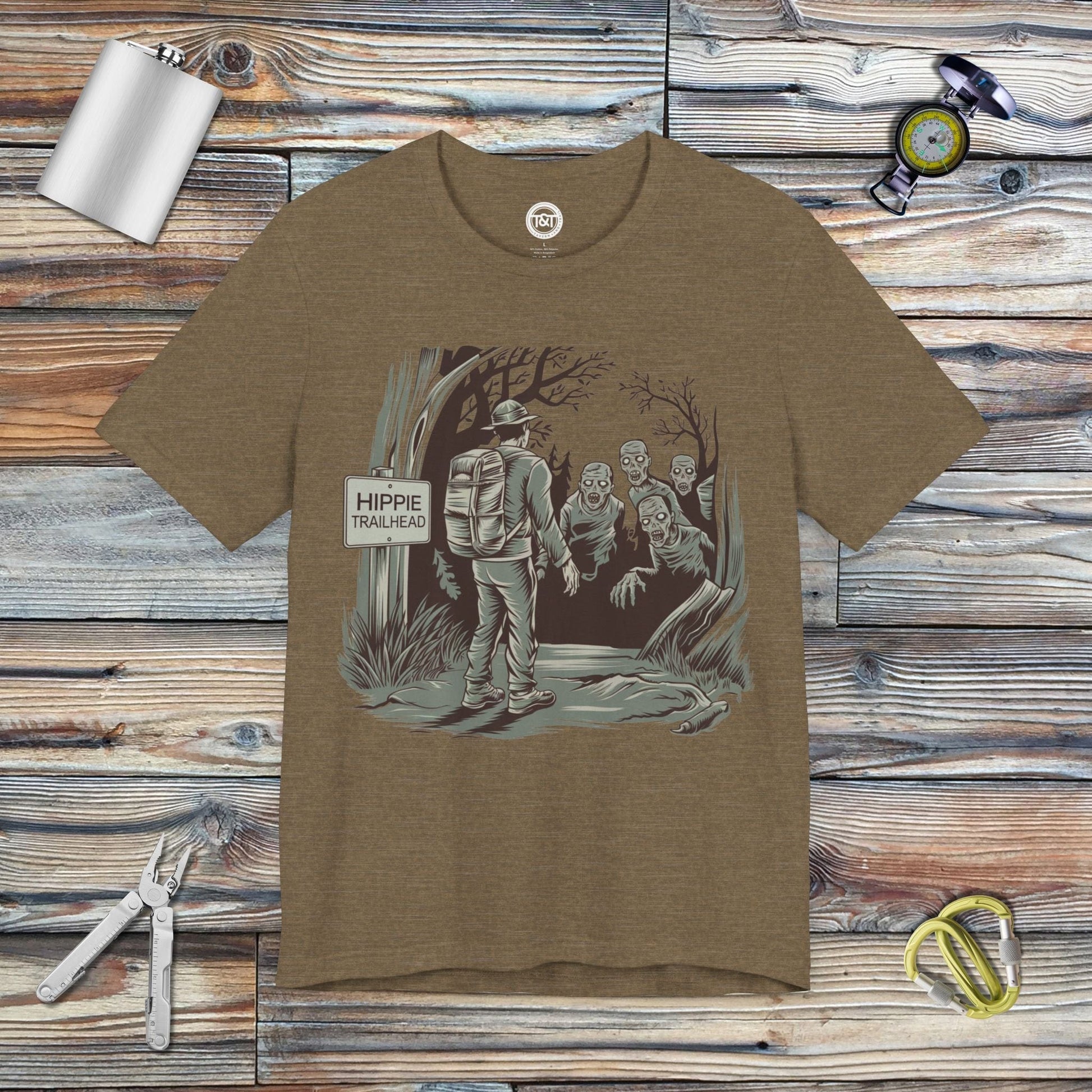 Tavern and Trail T-Shirt Hippie Trailhead T-Shirt Heather Olive / S