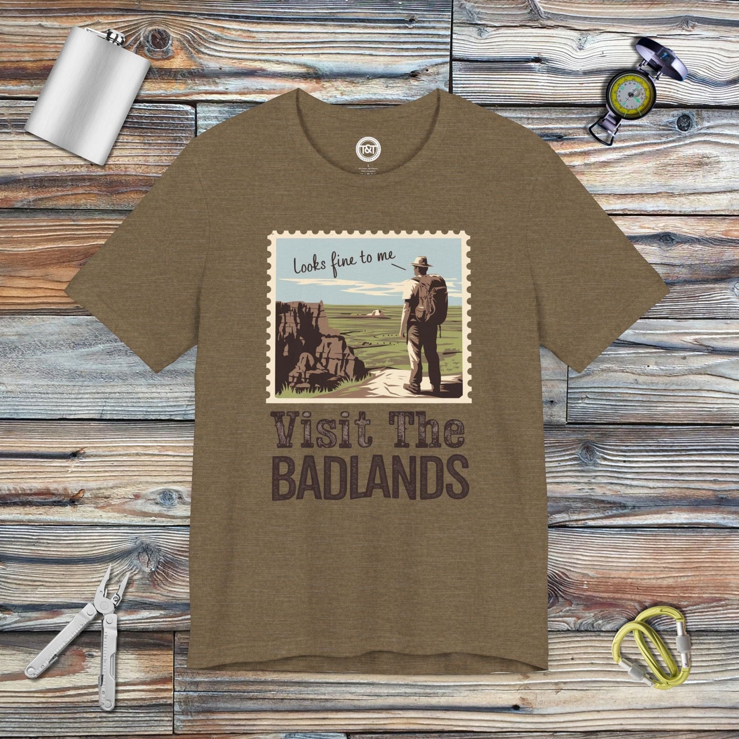 Tavern and Trail T-Shirt Visit the Badlands T-Shirt Heather Olive / S