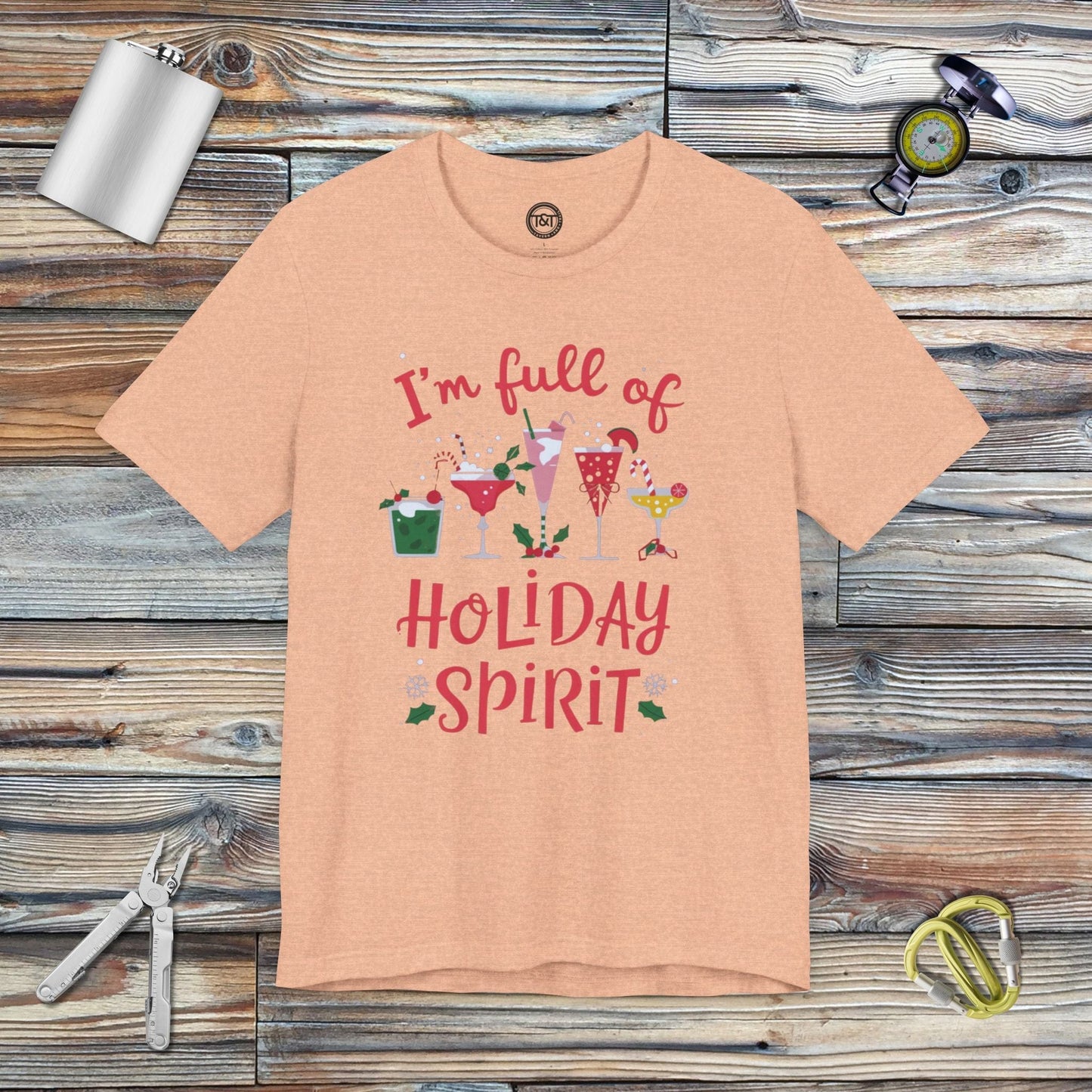 Tavern and Trail T-Shirt Full of Holiday Spirit T-Shirt Heather Peach / S