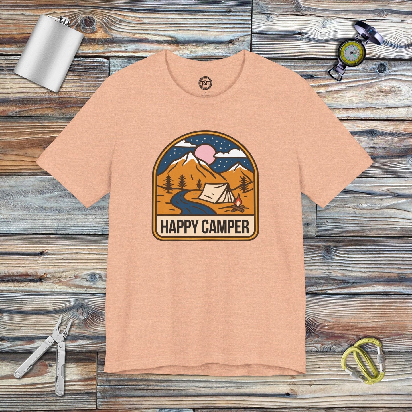 Tavern and Trail T-Shirt Happy Camper T-Shirt Heather Peach / S