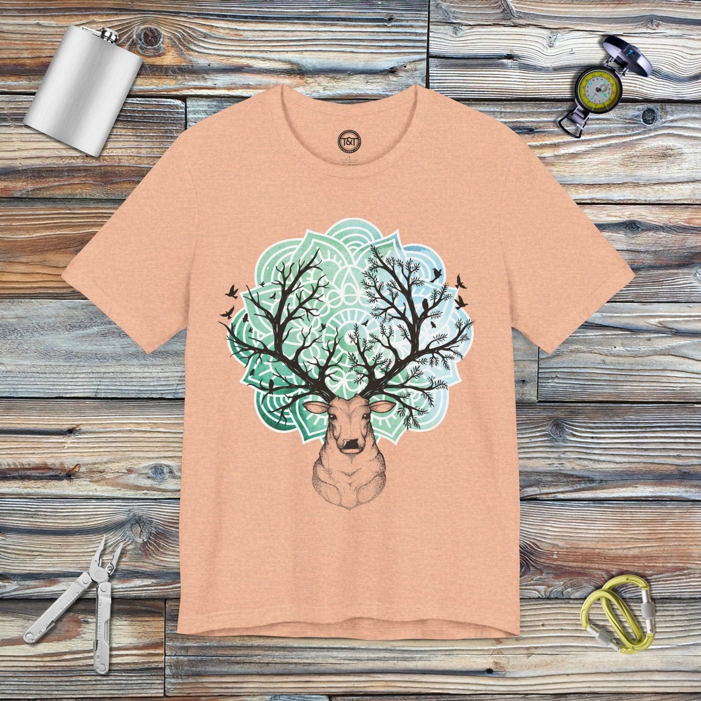 Tavern and Trail T-Shirt Mandala Deer T-Shirt Heather Peach / S