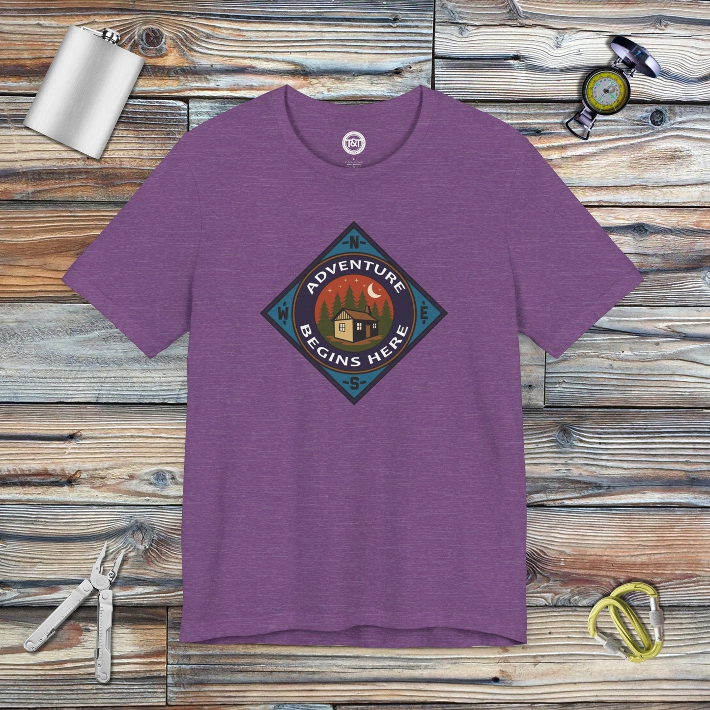 Tavern and Trail T-Shirt Adventure Begins T-Shirt Heather Team Purple / S