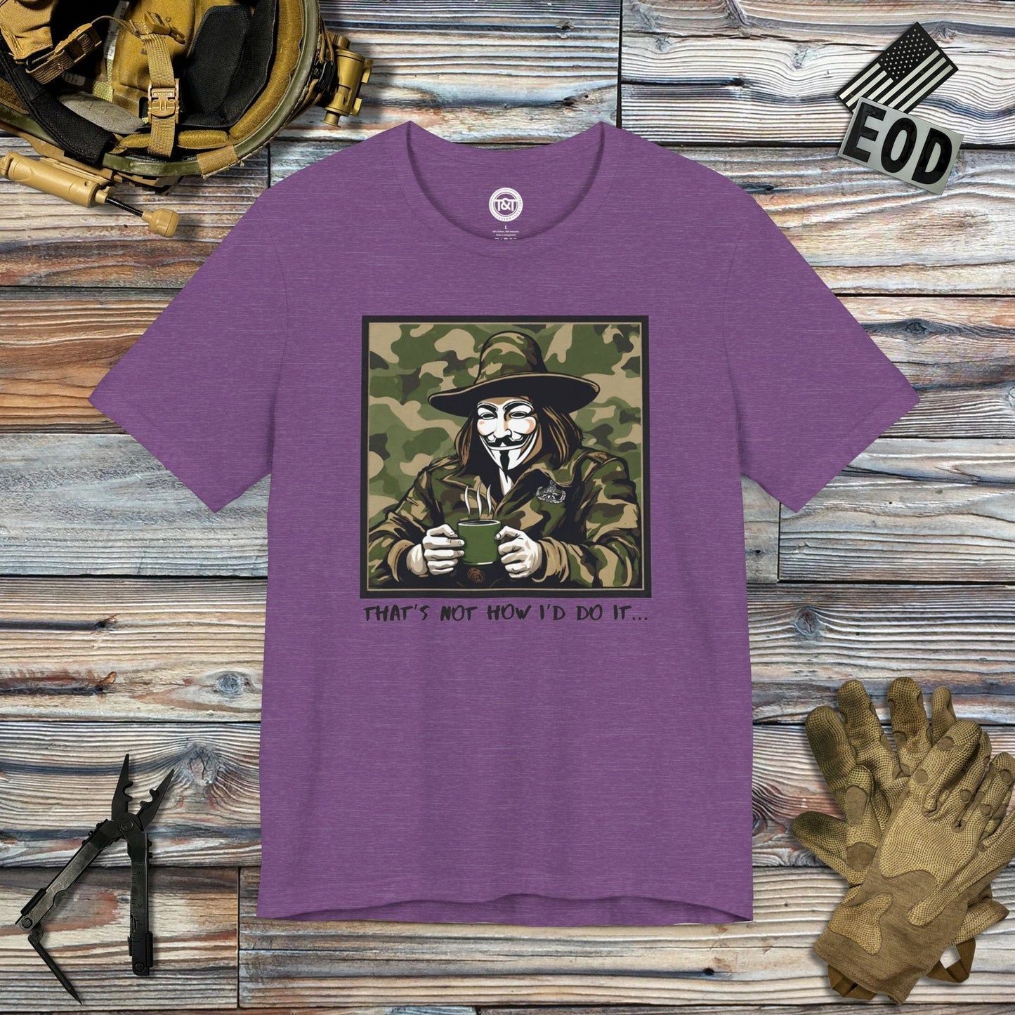 Tavern and Trail T-Shirt What the Fawkes Says (Camo) T-Shirt Heather Team Purple / S