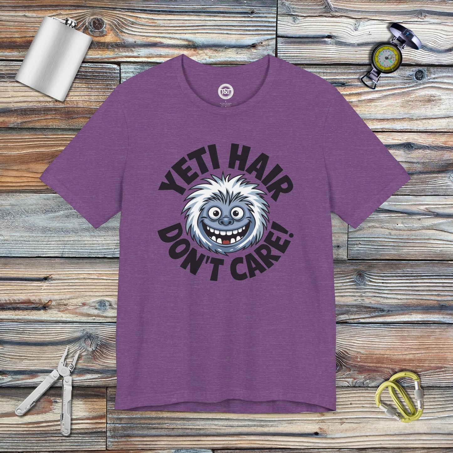 Tavern and Trail T-Shirt Yeti Hair Don't Care T-Shirt Heather Team Purple / S