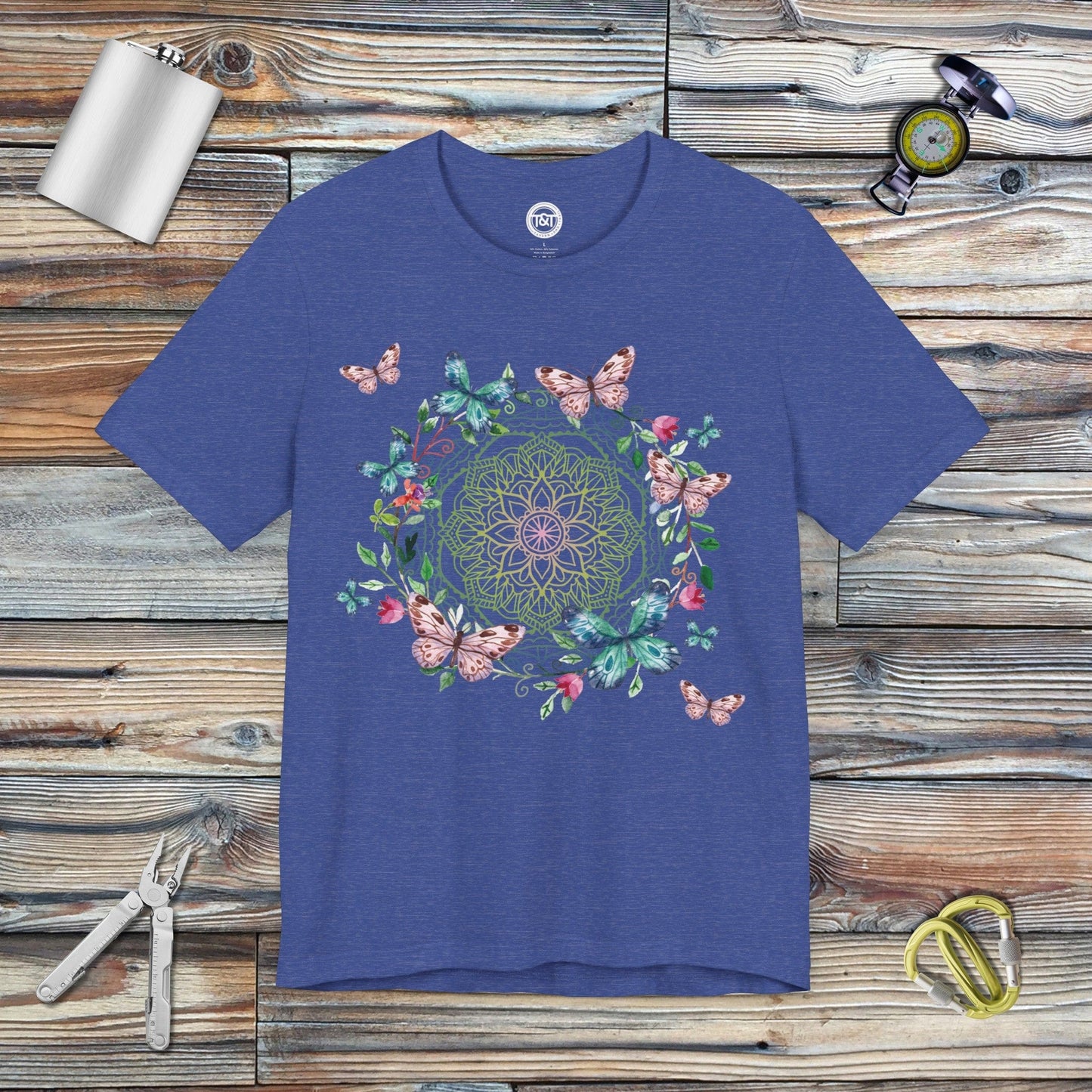 Tavern and Trail T-Shirt Mandala Butterfly Garden T-Shirt Heather True Royal / S