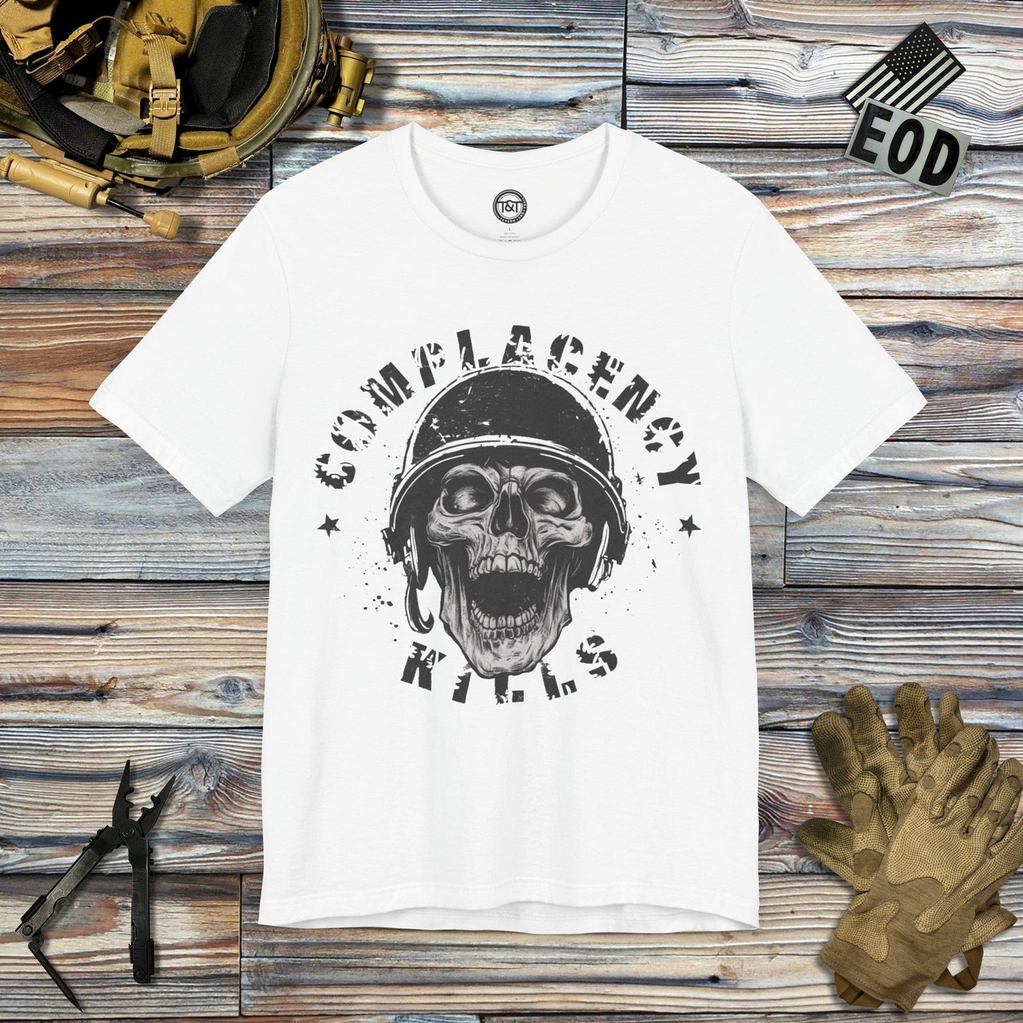 Tavern and Trail T-Shirt Complacency Kills T-Shirt White / S