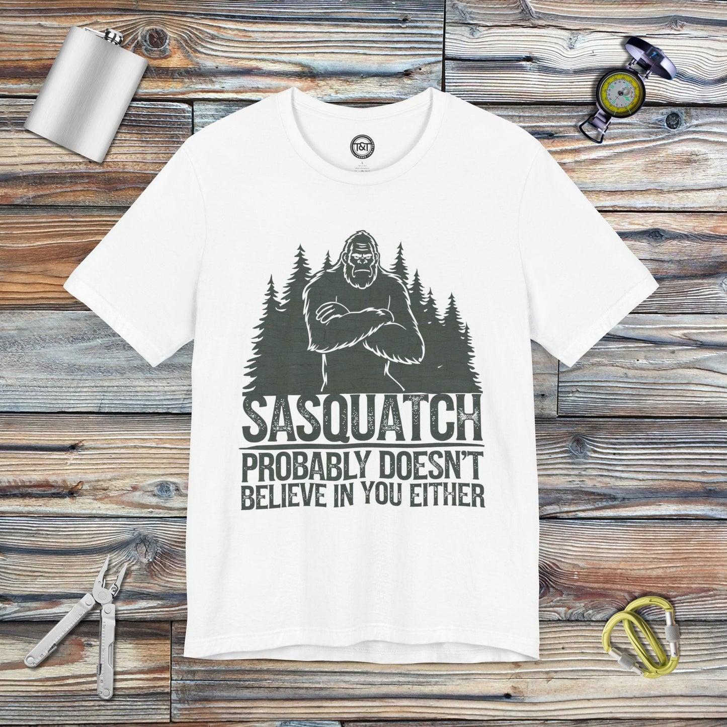 Tavern and Trail T-Shirt Doubting Sasquatch T-Shirt White / S