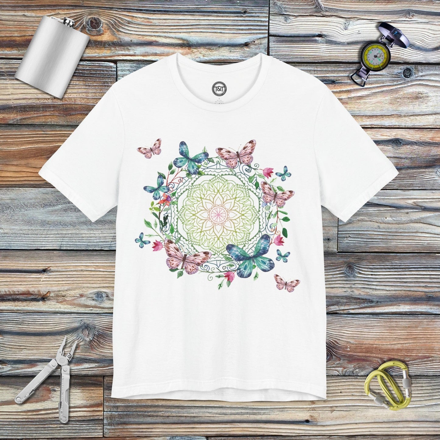 Tavern and Trail T-Shirt Mandala Butterfly Garden T-Shirt White / S